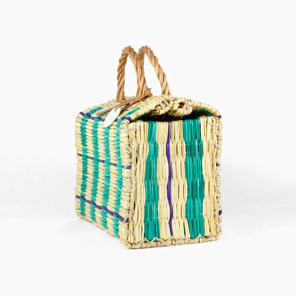 Toino Abel Natural/Blue Stripe Handwoven Reed Bag 4 Toino Abel Natural/Blue Stripe Handwoven Reed Bag