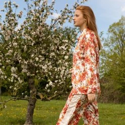 Bertioli By Thyme Silk Trousers In Wild Rose With Stripe