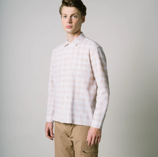 Kestin Tain Seersucker Shirt In White/Dark Tan Menswear